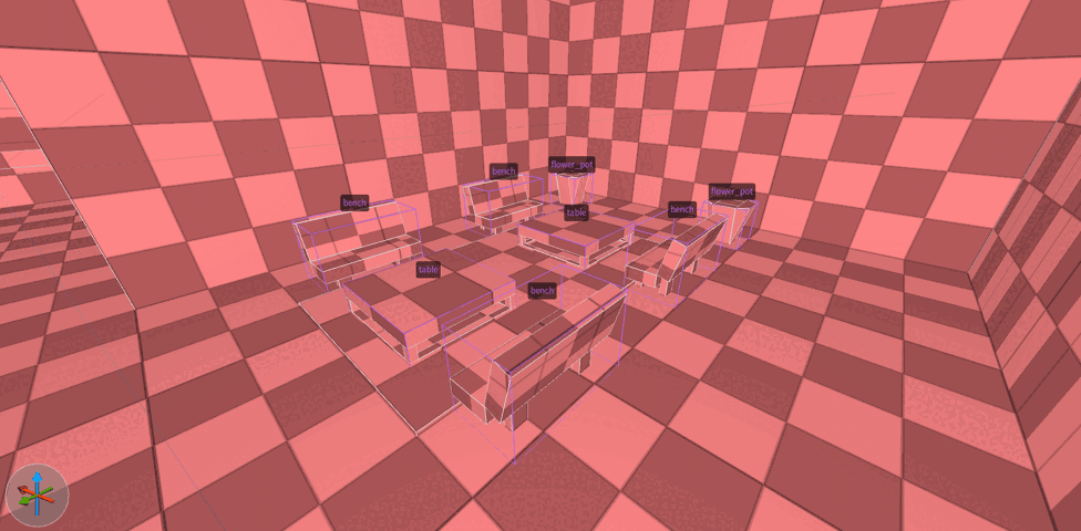 screenshot of untextured benches, tables, and a flower pot