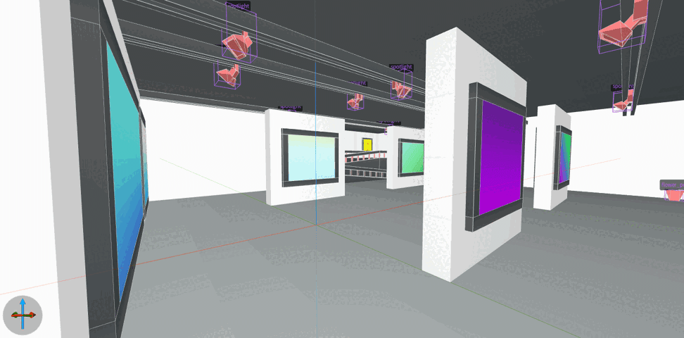 screenshot of 3d digital gallery space with simple gradient cool color paintings