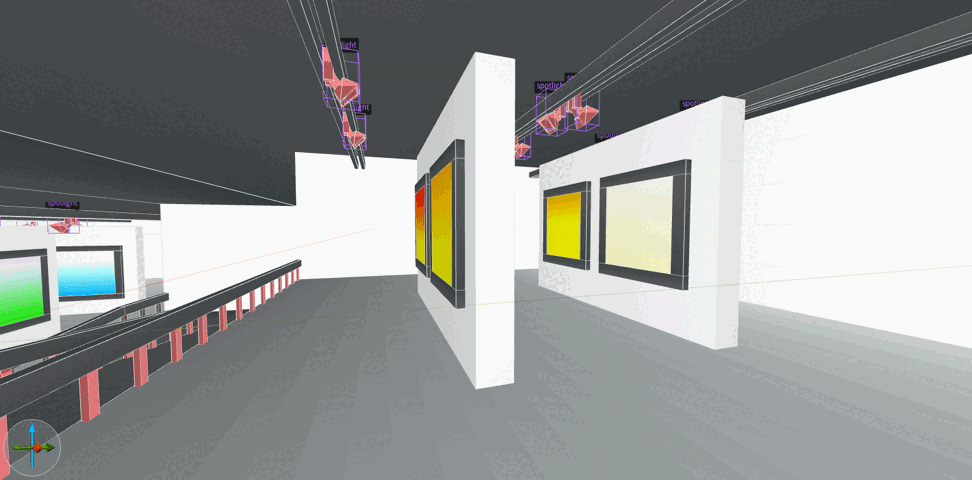 screenshot of 3d digital gallery space with simple gradient warm color paintings