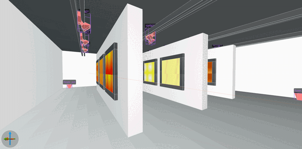 screenshot of 3d digital gallery space with simple gradient cool color paintings but the textures are off-centered