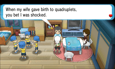 screenshot of an non-playable charcter interaction discussing the birth of quadruplets